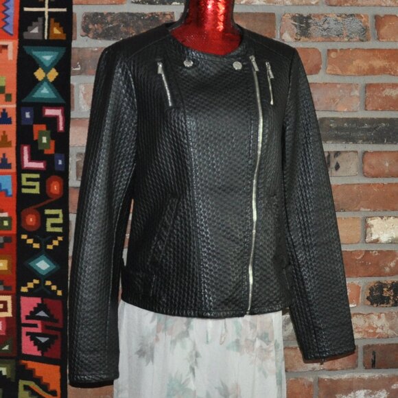 Karl Lagerfeld Paris Woven Texture Black Faux Leather Motorcycle Moto Jacket L - Picture 9 of 10